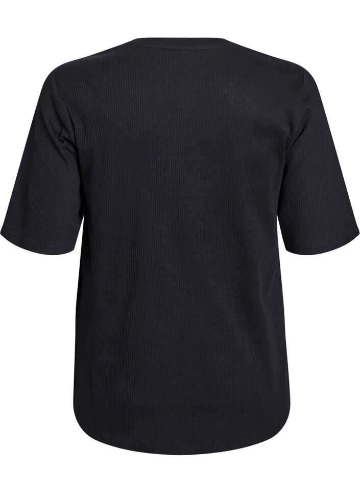 Ribbestrikket jerseybluse med korte ermer, Svart, Packshot image number 1