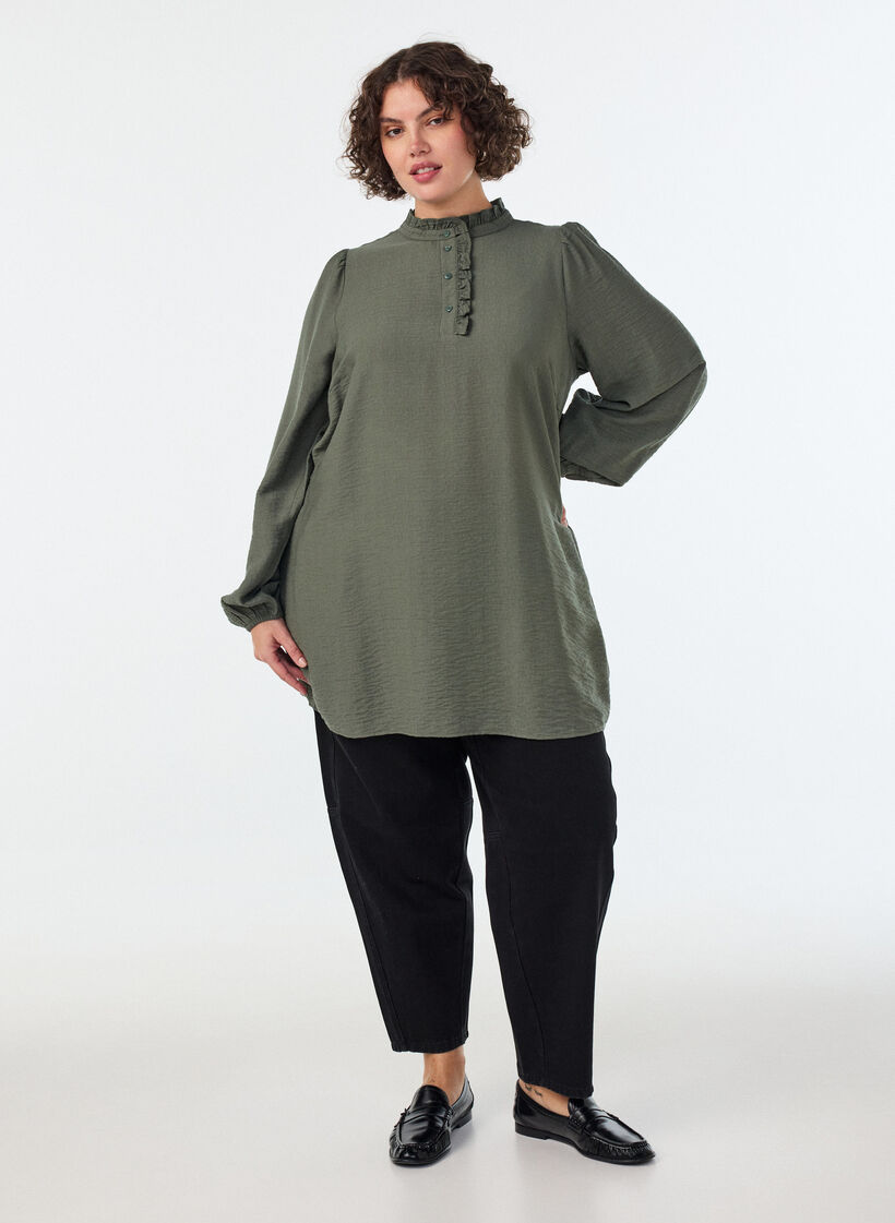 Viskosetunika med volanger og knapper, Gr&oslash;nn, Model image number 1