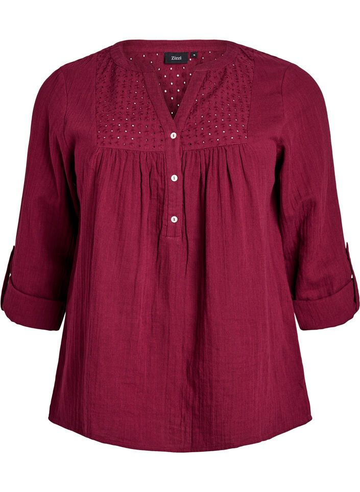 Bluse i bomullsmuslin med broderi anglaise, Mørk Bordeaux, Packshot image number 0
