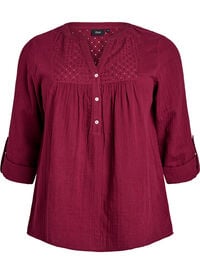 Bluse i bomullsmuslin med broderi anglaise, Mørk Bordeaux Bluse i bomullsmuslin med broderi anglaise