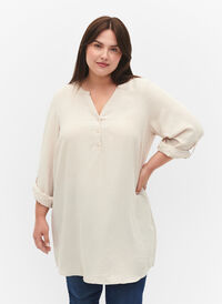 Solid farge tunika med V-hals og knapper, Warm Off-white, Model