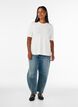 Bluse med knappedetaljer og korte puffermer, Beige, Model image number 1