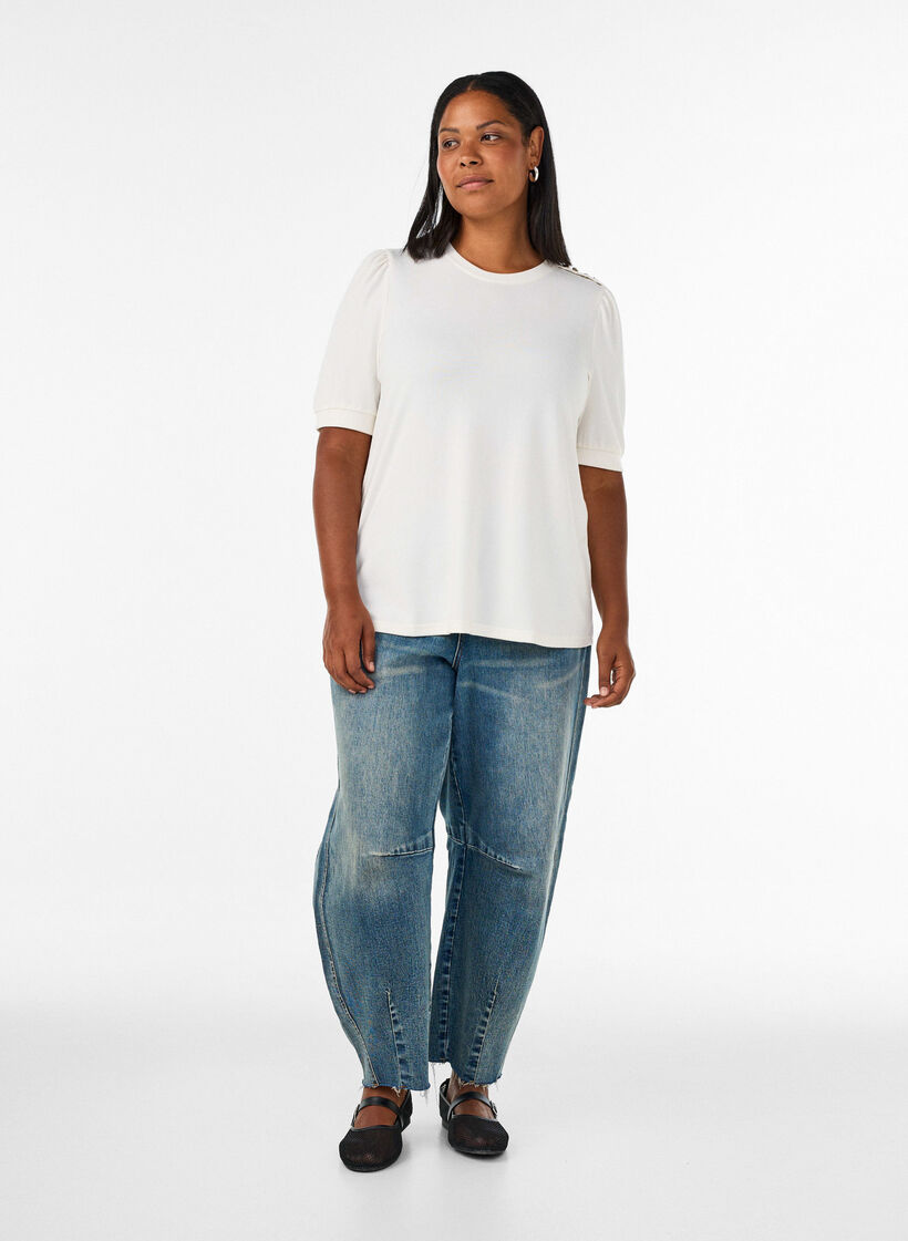 Bluse med knappedetaljer og korte puffermer, Beige, Model image number 1