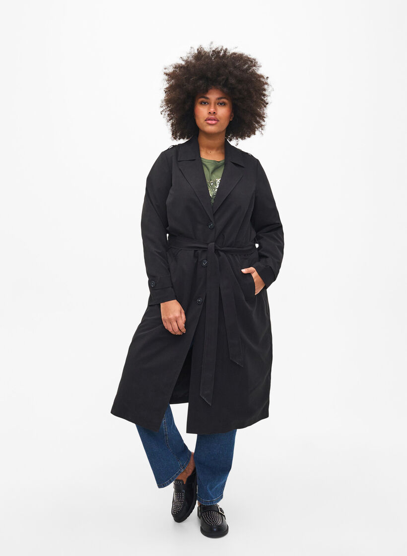 Lang trenchcoat med belte, Black, Model image number 0