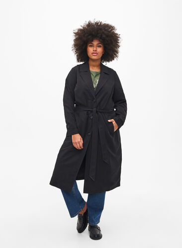 Zizzi Lang trenchcoat med belte, Black, Model image number 0
