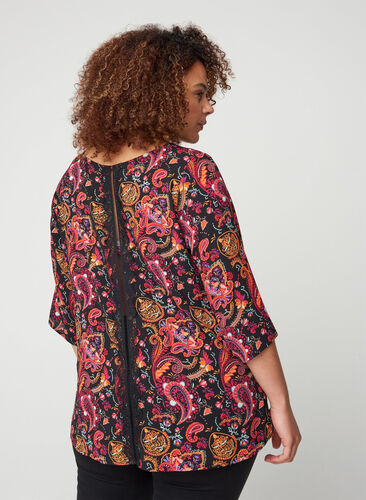 Mønstrete bluse med blonderygg og 3/4-ermer, Black/Multi Paisley, Model image number 1