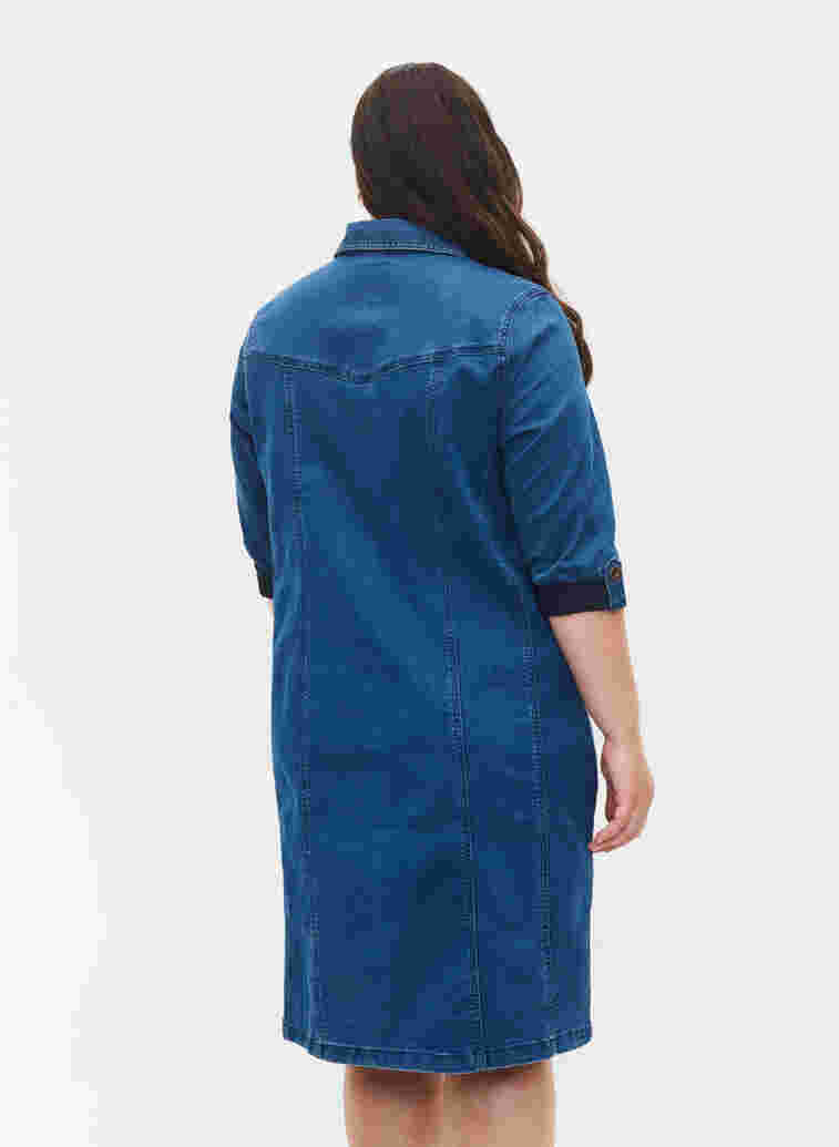 Denim skjortekjole med 3/4 ermer, Blue denim, Model