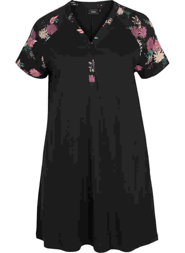 Kortermet nattkjole i bomull med mønster, Black AOP Flower, Packshot image number 0