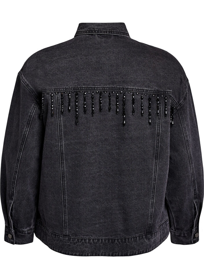 Denimjakke med perlefranser, Grey Denim, Packshot