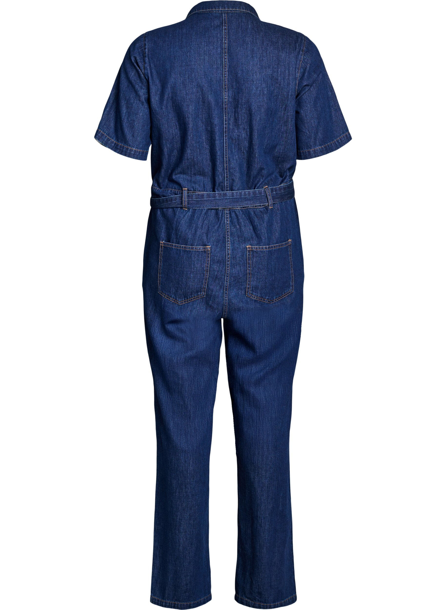 Zizzi Denim jumpsuit med korte ermer og knytebelte, Bl&aring;, Packshot image number 1