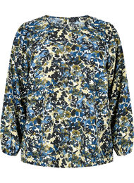 Bluse med puffermer, Blue Green AOP