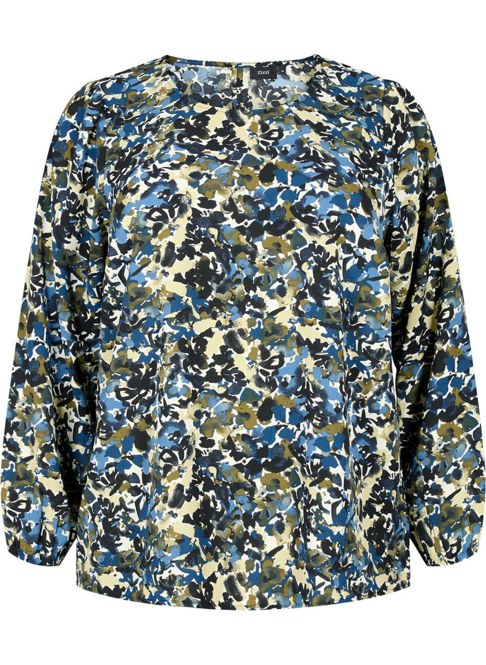 Bluse med puffermer, Blue Green AOP, Packshot image number 0