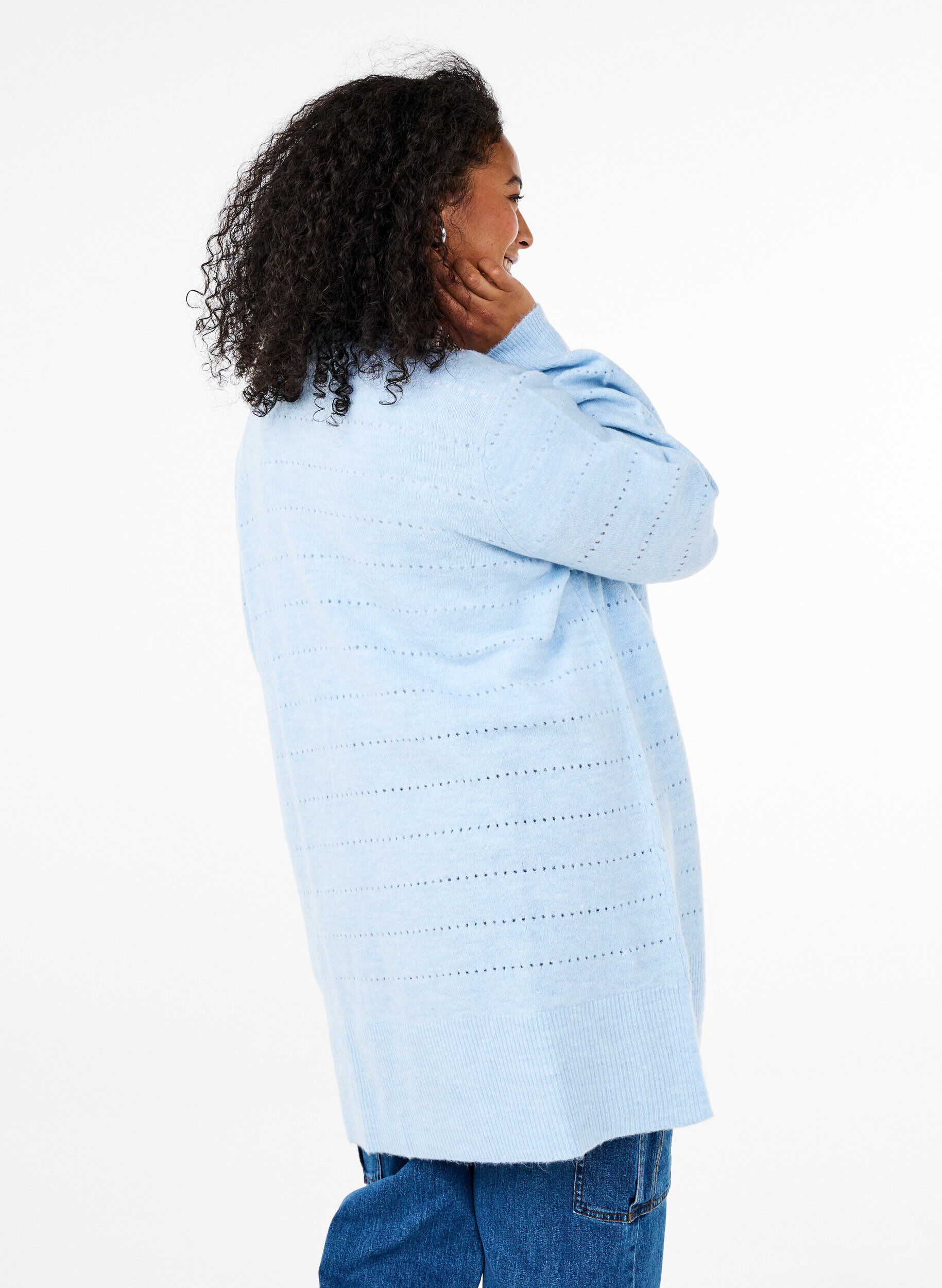 Zizzi Lang strikket cardigan med blondem&oslash;nster, Cashmere Blue Mel., Model image number 1