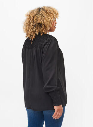 Langermet bluse med smock, Black, Model image number 1