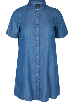Skjortekjole i denim med korte ermer, Medium Blue denim, Packshot image number 0