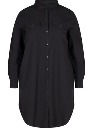 Lang bomullsskjorte med brystlommer, Black, Packshot image number 0