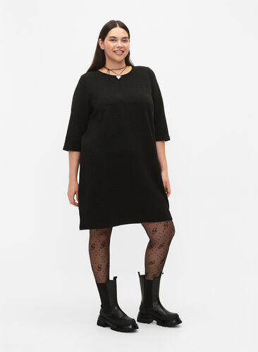 Kjole med struktur og trekvartlange ermer, Black, Model image number 2