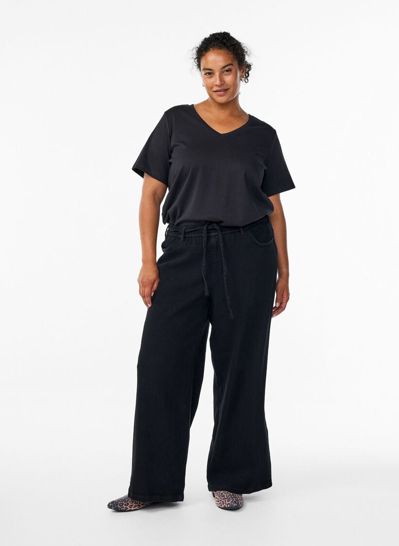 Loose fit-jeans med elastisk linning og sn&oslash;ring, Svart, Model
