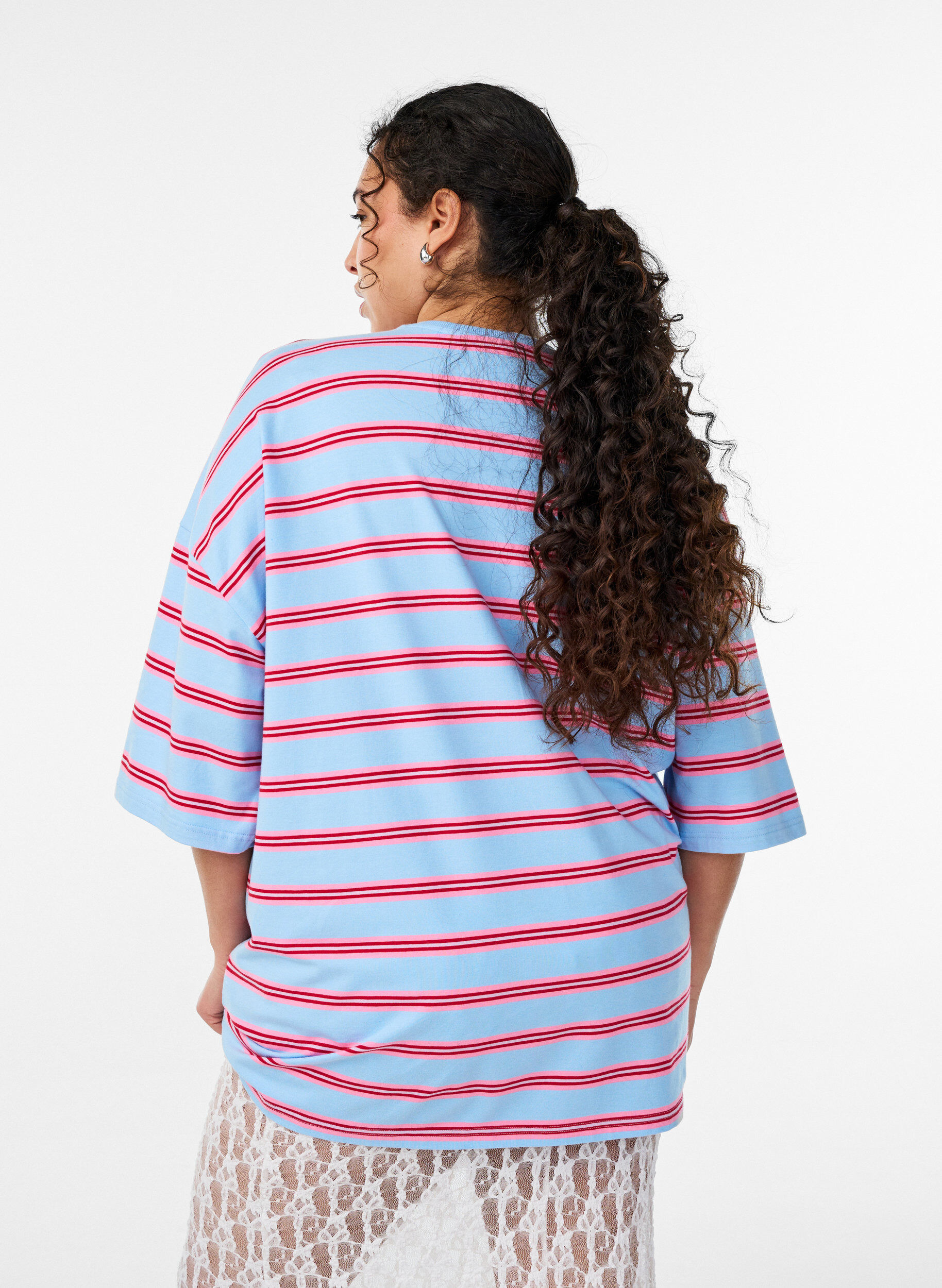 ZizziOversized T-skjorte med striper og 1/2 ermer, Bl&aring;, Model image number 2