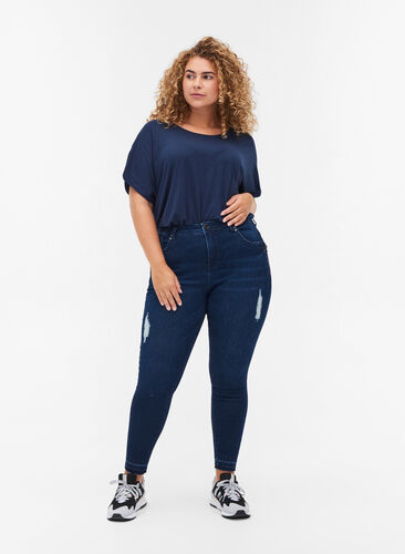 Super slim Amy jeans med splitt, Dark blue denim, Model image number 0