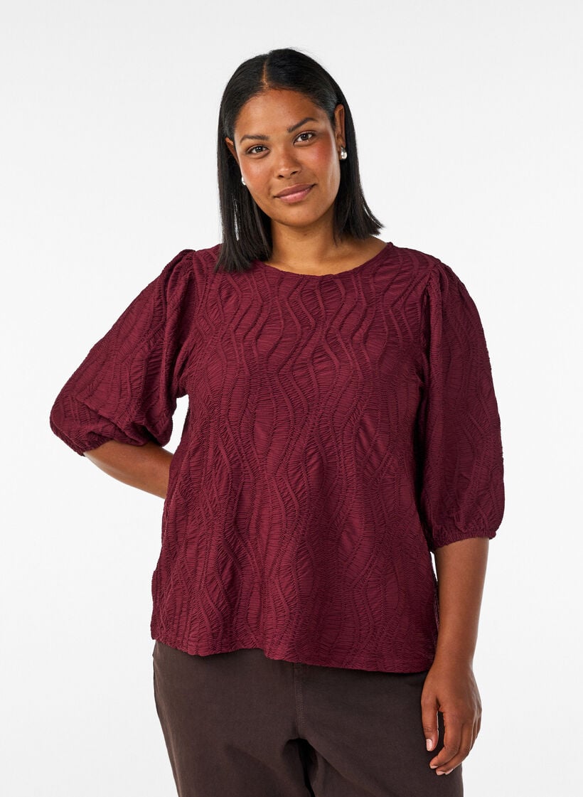 Bluse med tekstur og 3/4 ermer, R&oslash;d, Model image number 0