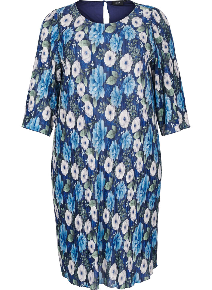 Plissert kjole med 3/4 ermer, Blå, Packshot image number 0