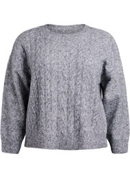 Strikkebluse med flettestrikkmønster, Medium Grey Melange