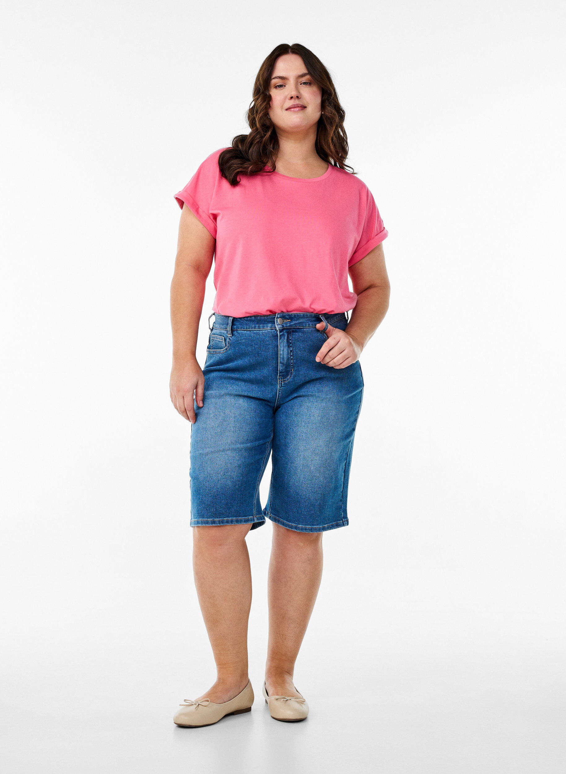 ZizziKortermet T-skjorte i bomullsblanding, Rosa, Model image number 1
