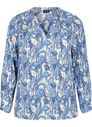 Langermet bluse med blomsterprint og V-hals, An.White Bl.Leaf AOP