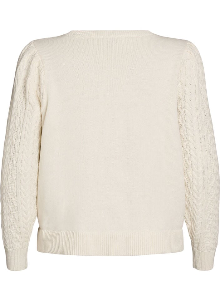 Strikkebluse med flettemønster og broderte blomster, Hvit, Packshot