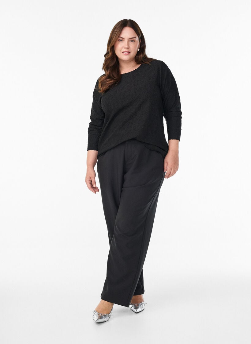 Langermet bluse med blomstrete tekstur, Svart, Model image number 1