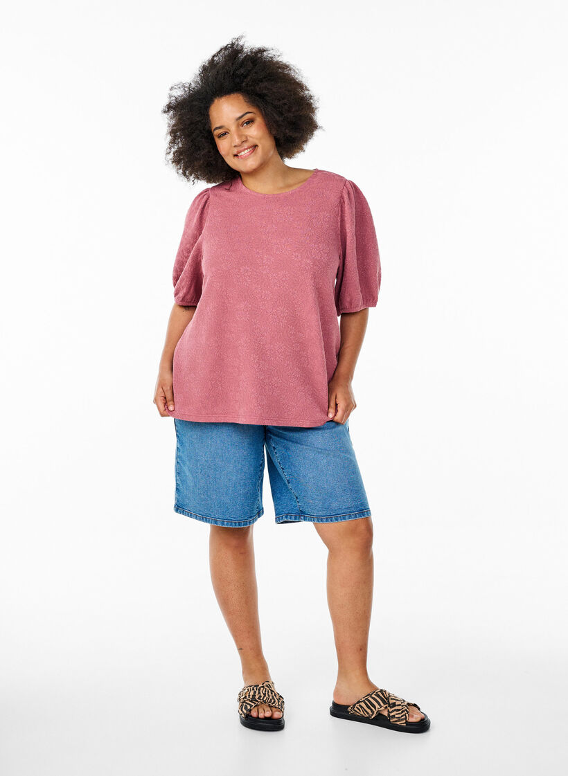 Strukturert bluse med korte ermer, Rosa, Model image number 1