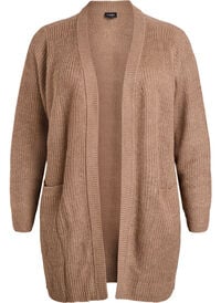 FLASH - Lang ribbestrikket cardigan med lommer, Brun FLASH - Lang ribbestrikket cardigan med lommer