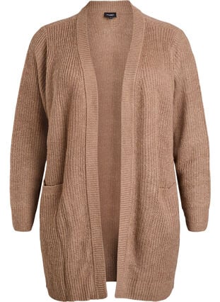 Zizzi FLASH - Lang ribbestrikket cardigan med lommer, Brun, Packshot image number 0