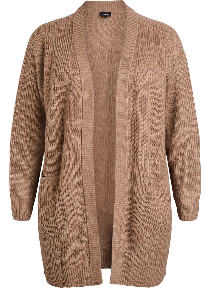 FLASH - Lang ribbestrikket cardigan med lommer, Brun, Packshot image number 0