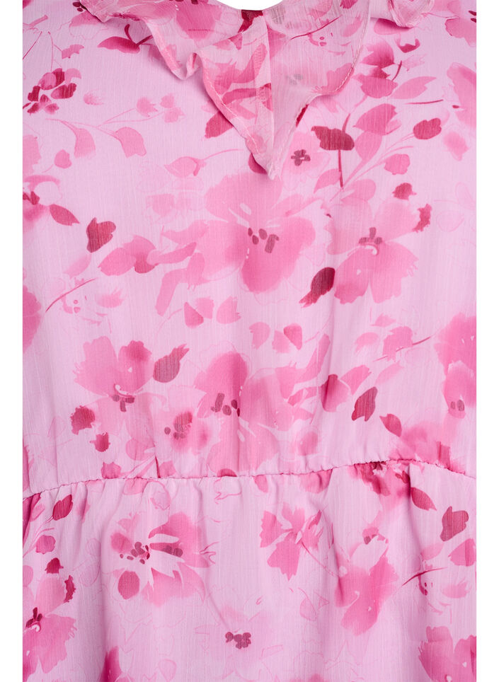 Blomstret bluse med volangkrage og peplumeffekt, Rosa, Packshot image number 2