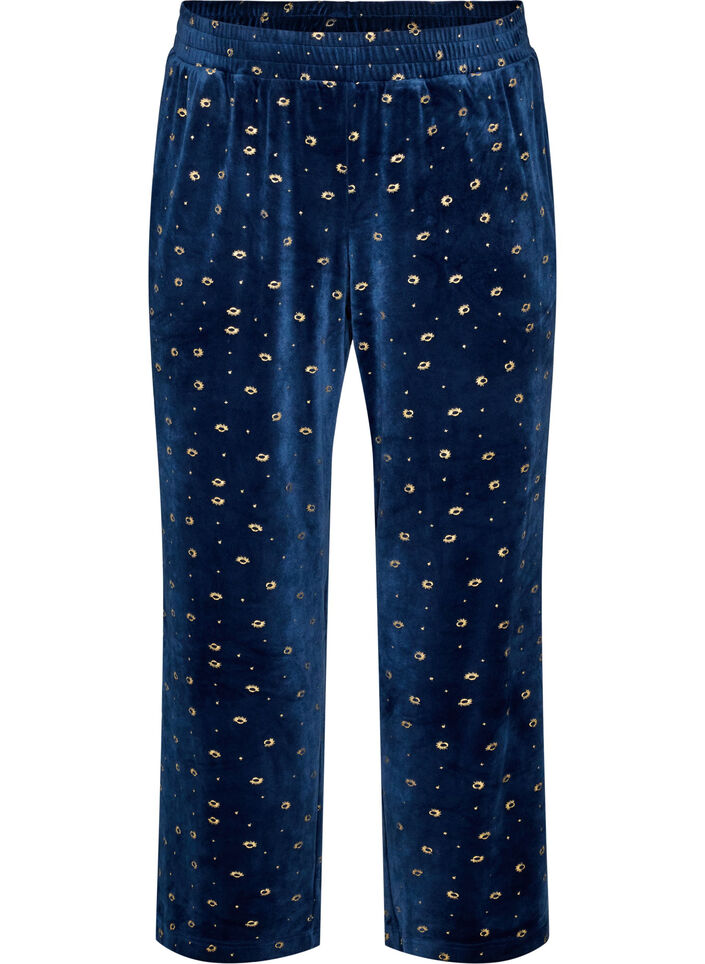 Velourpyjamasbukser med heldekkende trykk, Bl&aring;, Packshot image number 0