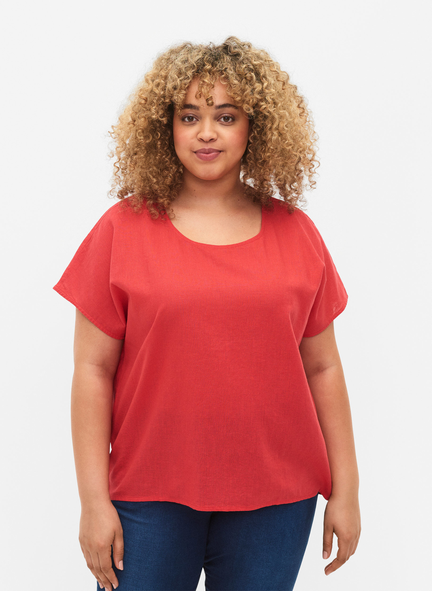 Zizzi Kortermet bluse i bomullsblanding med lin, Hibiscus, Model image number 0