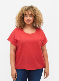 Kortermet bluse i bomullsblanding med lin, Hibiscus, Model