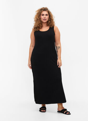 Ermeløs kjole i ribbestrikket viskose, Black, Model image number 0