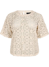 Heklet bluse med korte ermer, Beige Heklet bluse med korte ermer