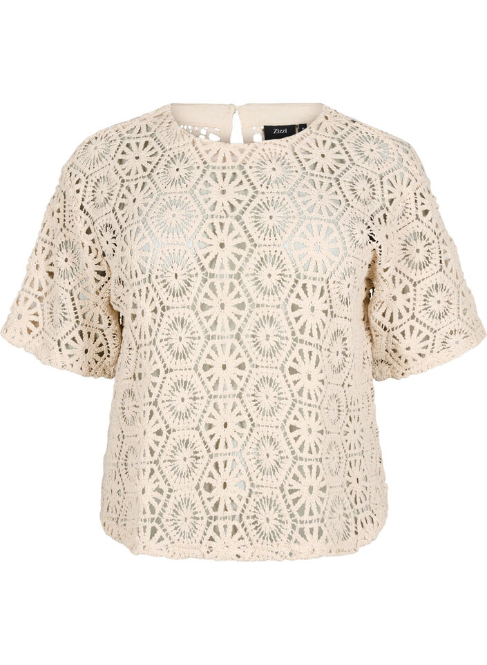 Heklet bluse med korte ermer, Beige, Packshot image number 0