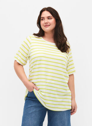 T-skjorte i økologisk bomull med striper, Wild Lime Stripes, Model image number 0