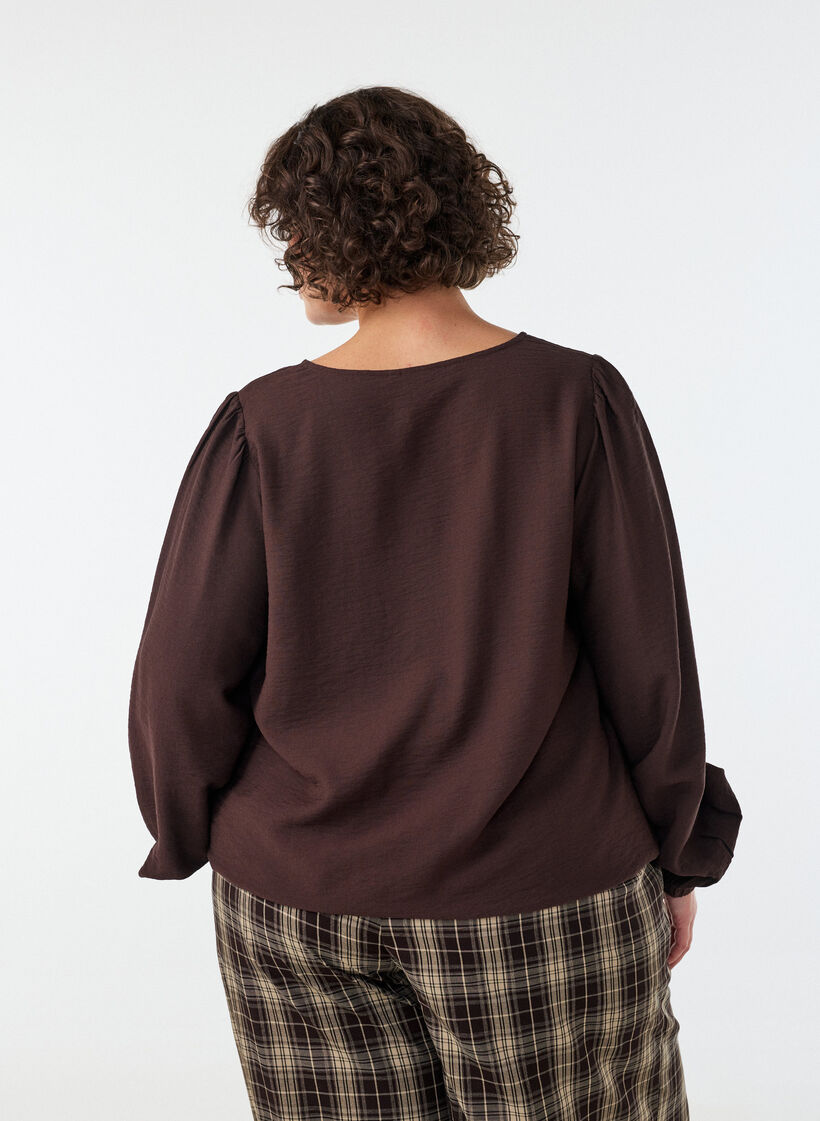 Viskosebluse med V-hals og ballongsilhuett, Brun, Model image number 2