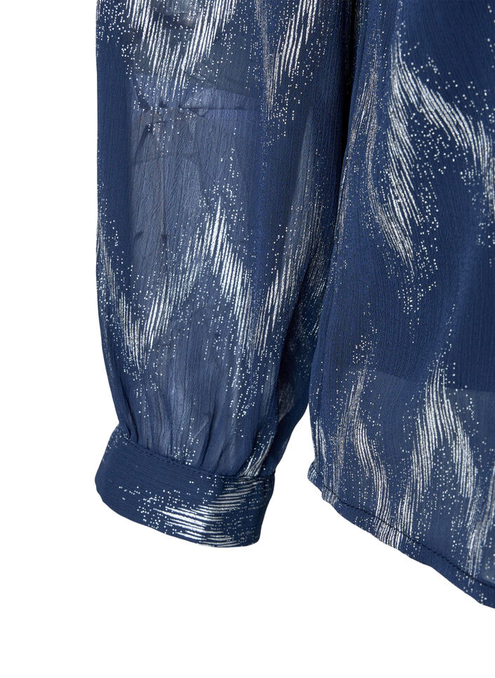 Bluse med trykk og v-hals, Blå, Packshot image number 2