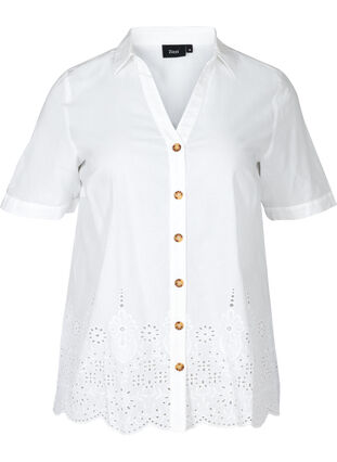 Kortermet skjorte med broderi anglaise, Bright White, Packshot image number 0