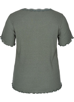 T-skjorte i ribbet struktur med blondekant, Balsam Green, Packshot image number 1