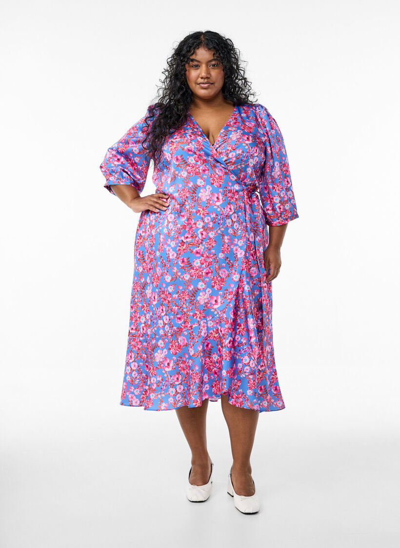 Blomstret omslagskjole med 3/4 ermer, Blue Pink Flower, Model