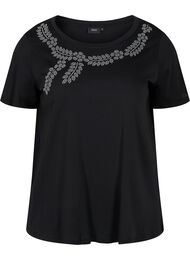 Kortermet T-skjorte i bomull med dekorativ strass, Black Stone