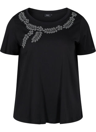 Kortermet T-skjorte i bomull med dekorativ strass, Black Stone, Packshot image number 0
